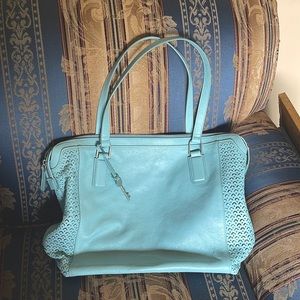 Fossil Sky Blue Leather Tote, good condition, some minor scuffs